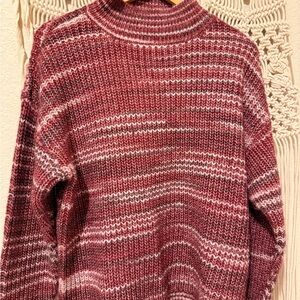 Calvin Klein Women’s Chunky Knit Sweater – Burgundy Mock Neck Striped Design